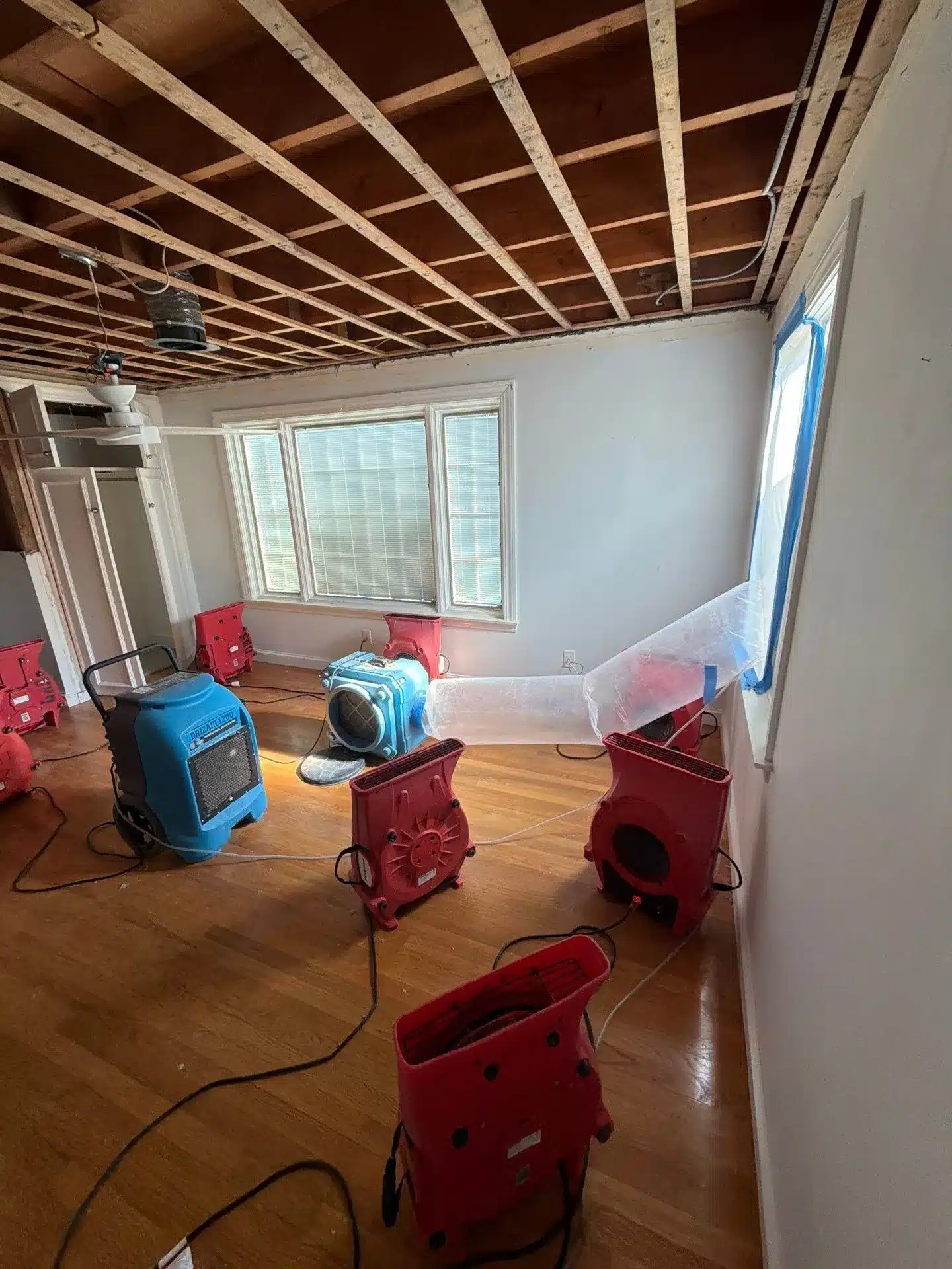 Affected property area during water damage mitigation work in Barrington, RI
